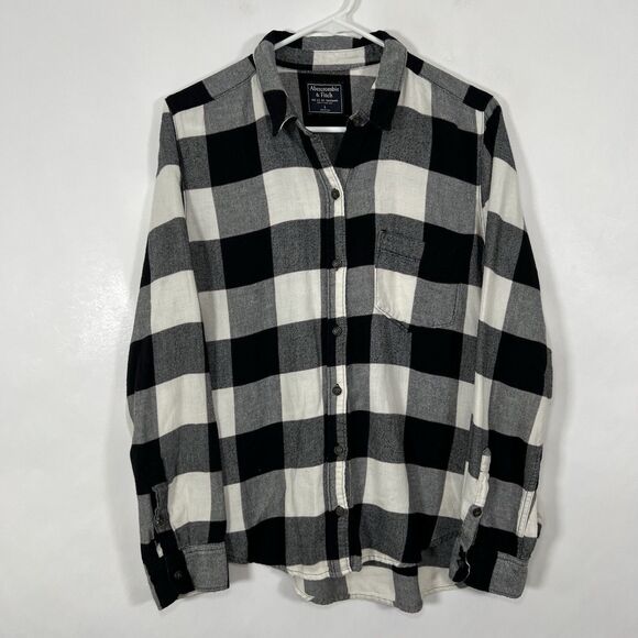 Abercrombie & Fitch Button Up Soft Flannel Shirt Womens Large Black White Checks - Picture 1 of 13
